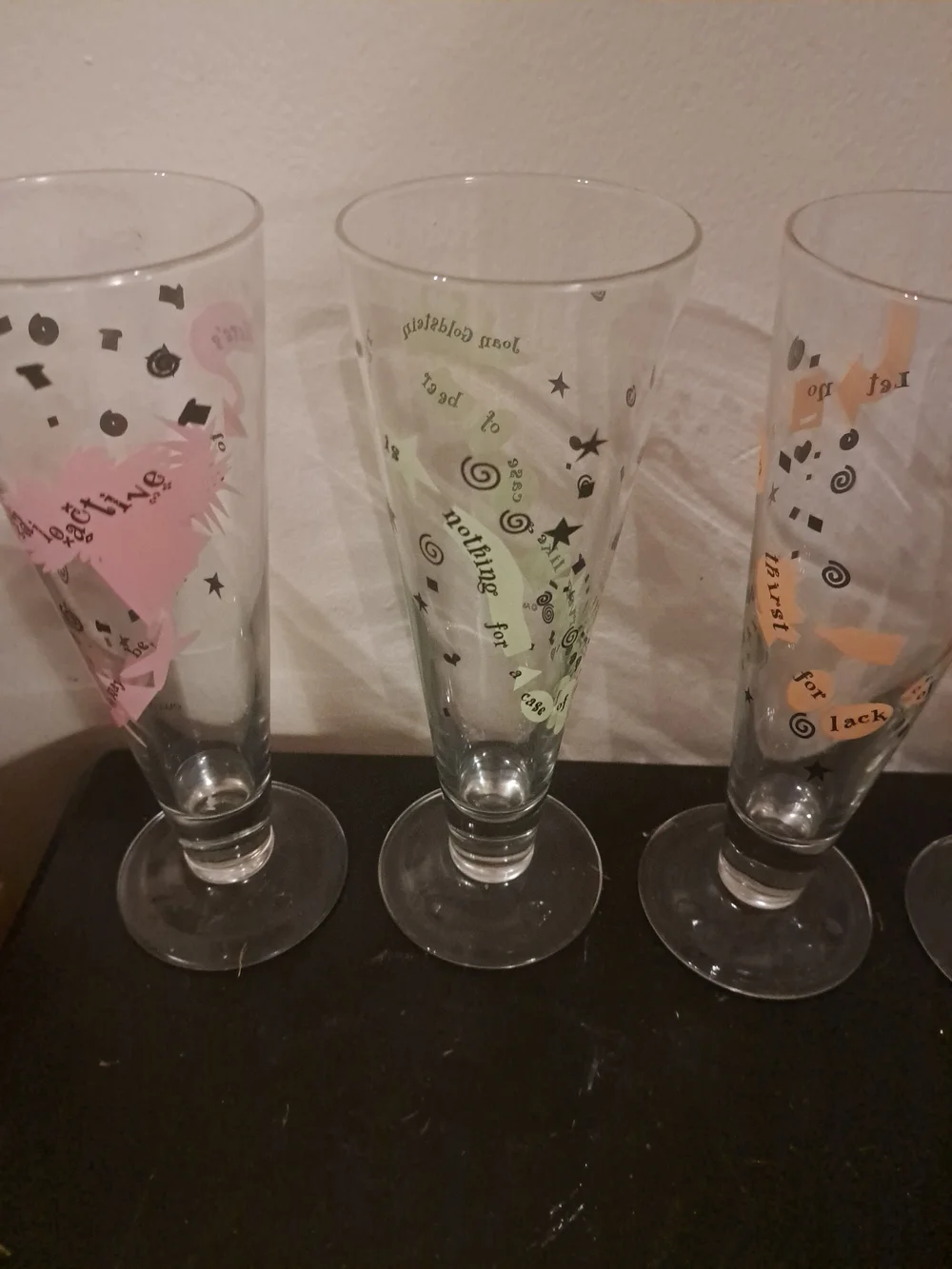Vtg Decorative Glassware Set - Orange, Green,Blue, Pink Accent Pilsner Flutes 9